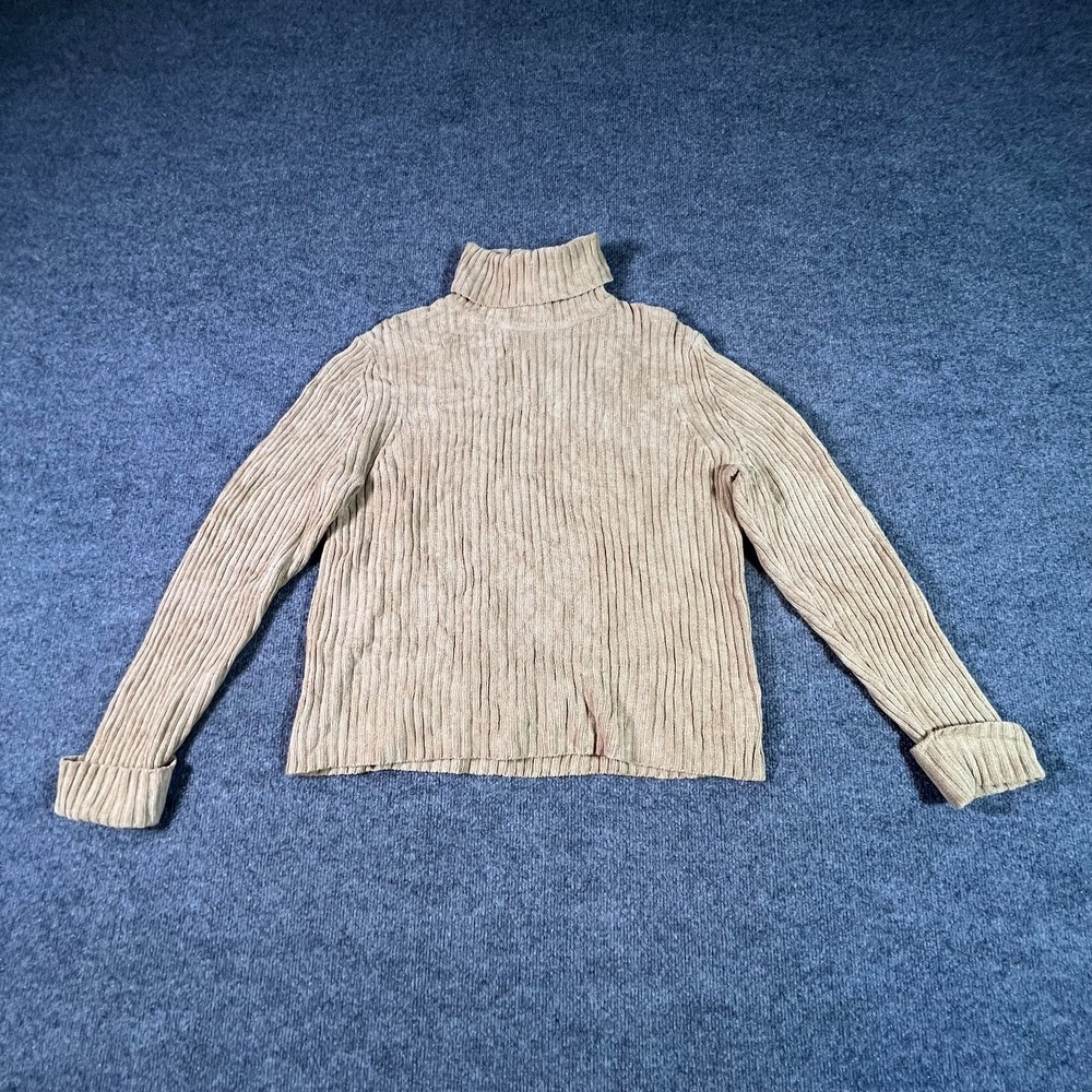 Eddie Bauer Sweater Women Large Beige Ribbed Foldover Cuff Turtleneck Minimalist